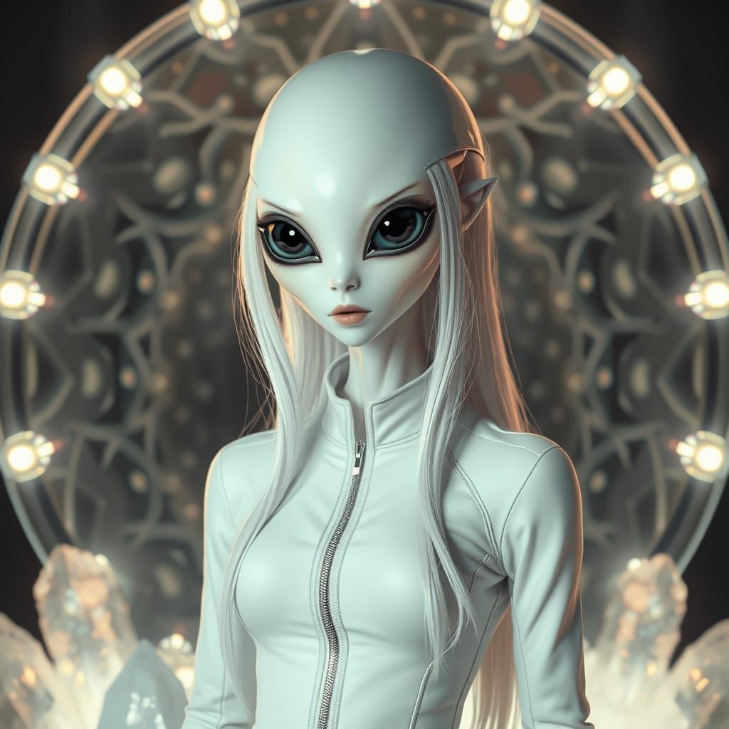 Alien Ambassador in Crystal Dome, with Glowing Bokeh Lights
