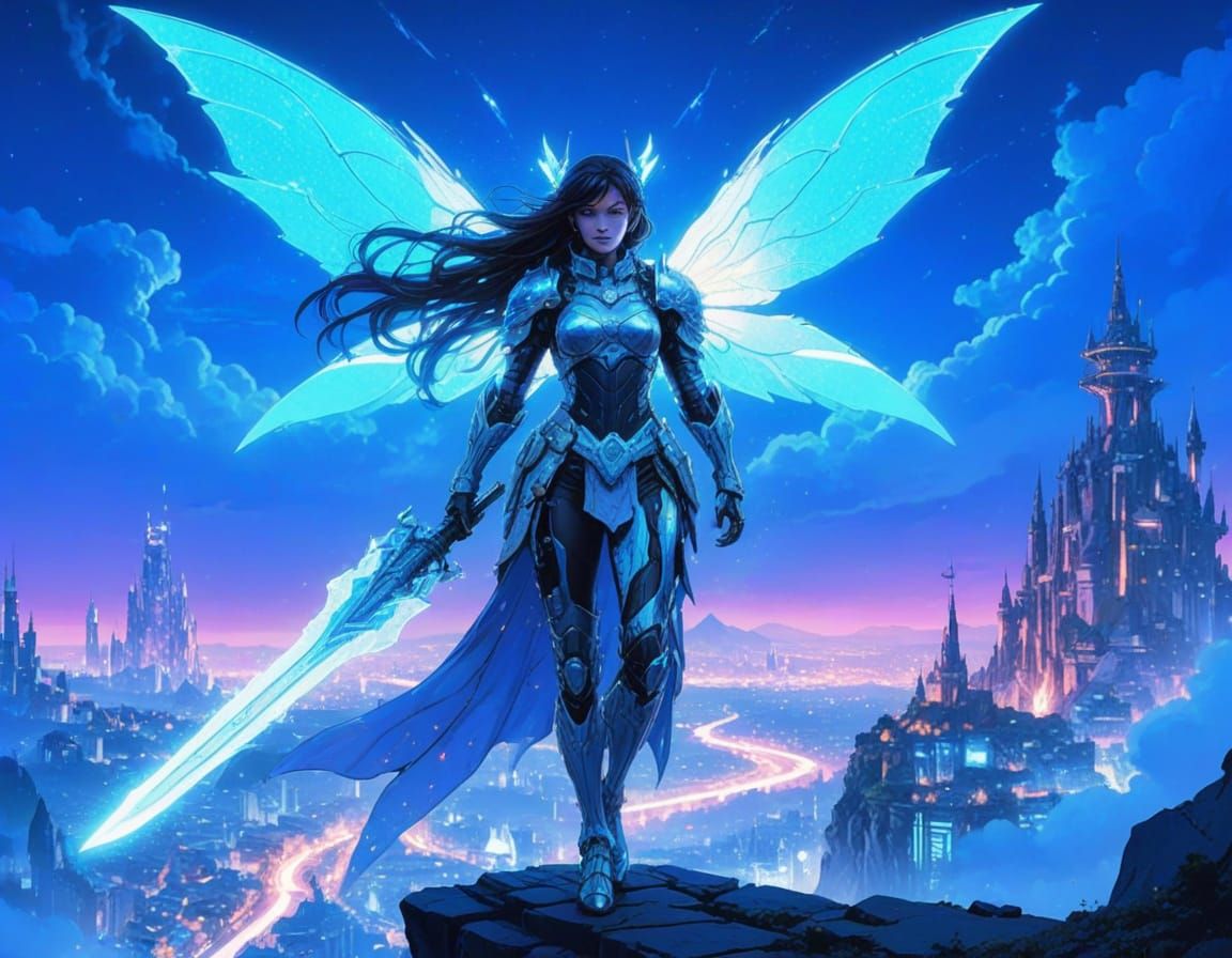 Mystical Female Cyborg Warrior in Futuristic Medieval City