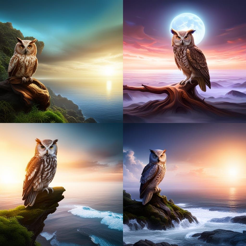 Celtic Owl Overlooking Tranquil Sea in Detailed Matte Painti...