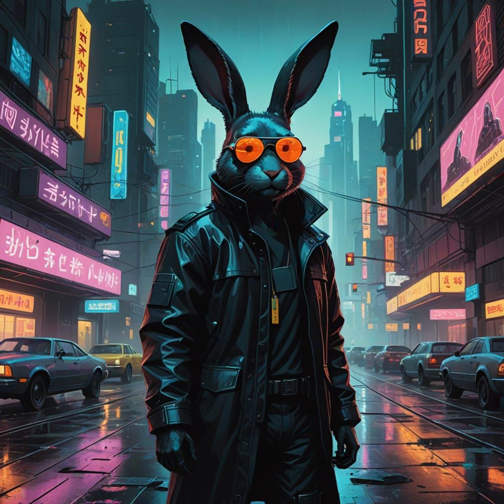 Cyberpunk Easter Bunny Delivers Eggs in Neon-Lit Metropolis