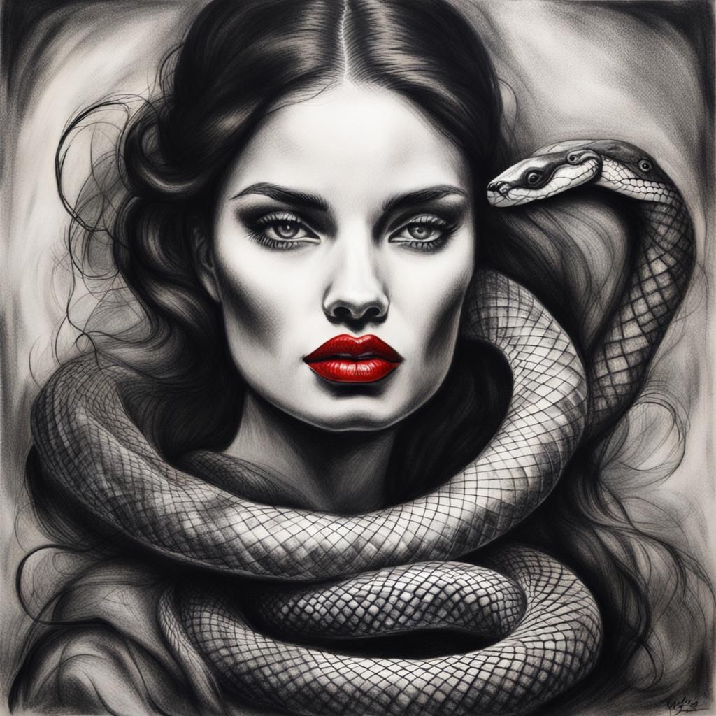 Charcoal Drawing of a Snake Woman in Black and White