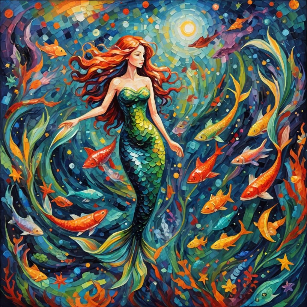 Mermaids in Space: A Neo-Impressionist Oil Painting