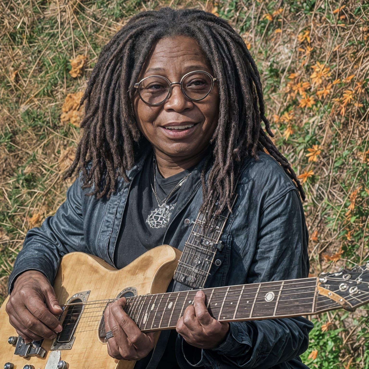 Whoopi Goldberg plays guitar while her humor doesn't remain hidden here either.