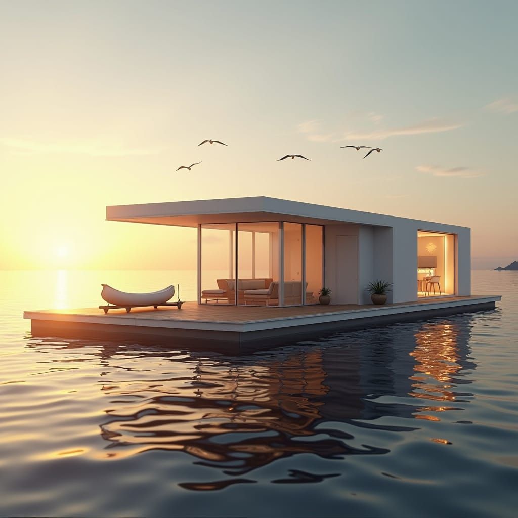 Modern Floating House Under Golden Sunset