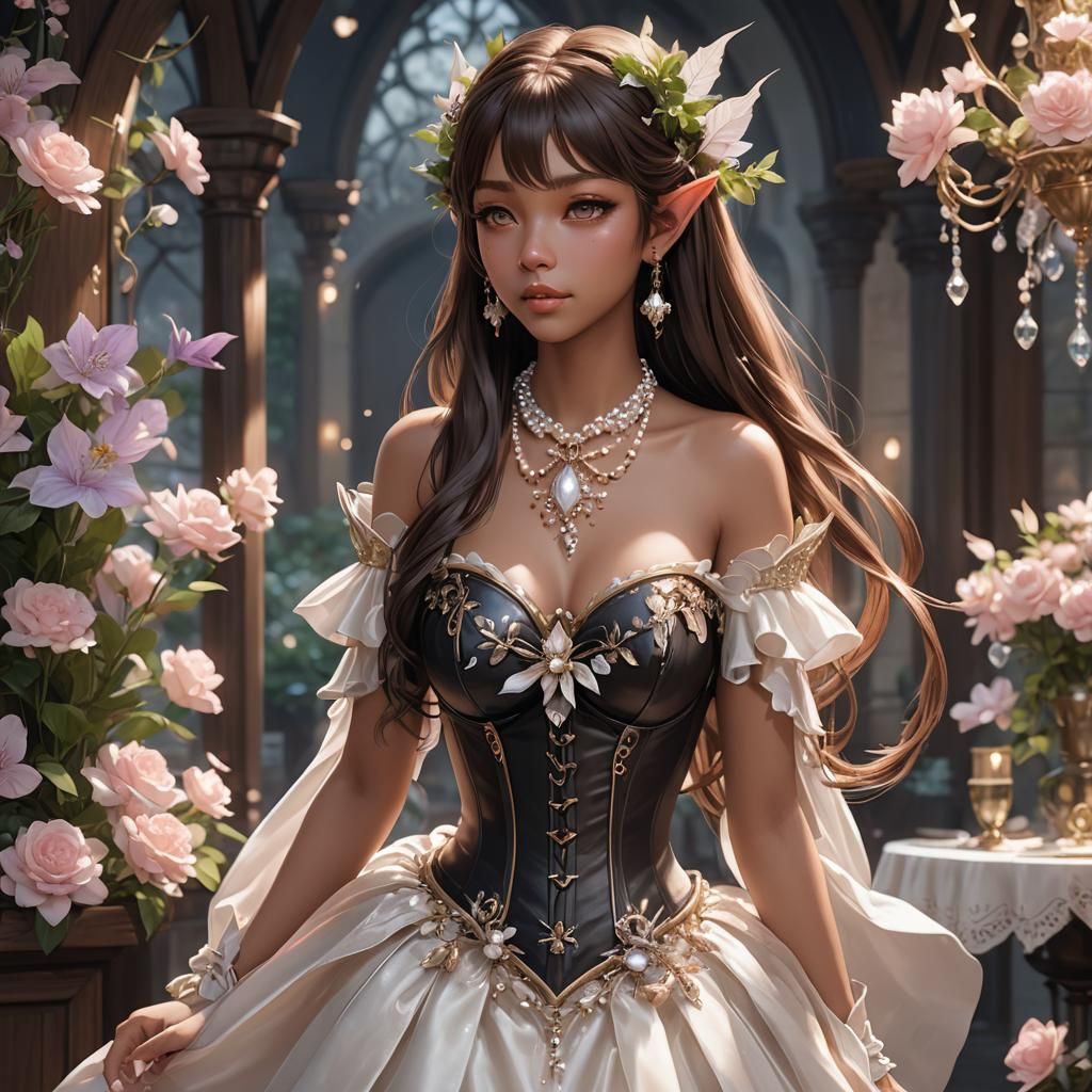 Beautiful Elf Girl with Long Hair in Anime Style