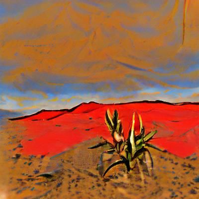 Desert Landscape with Red Soil and Blooming Aloes