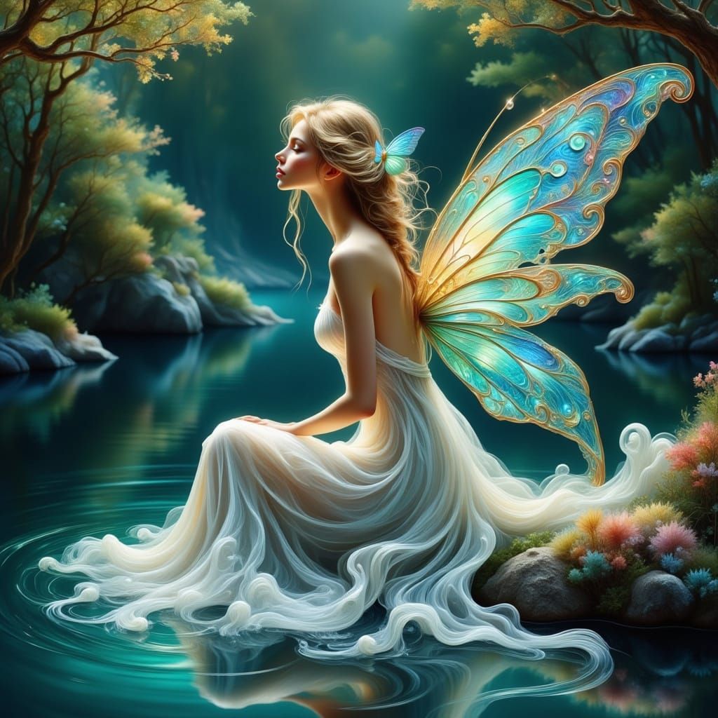 Luminous Fairy by River with Glowing Wings
