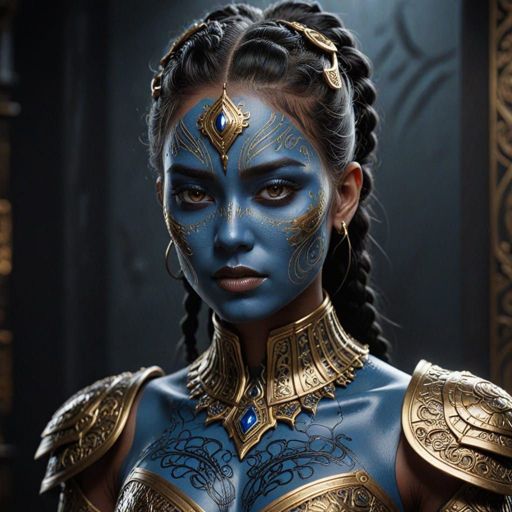 Ethereal Blue Goddess in Futuristic Armor