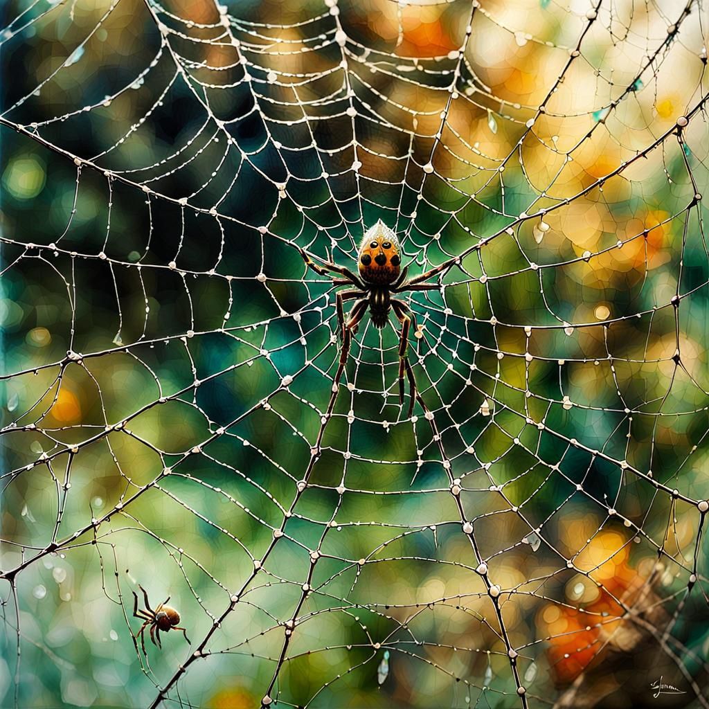Detailed Spiderweb with Dewdrops in Mixed Media Style