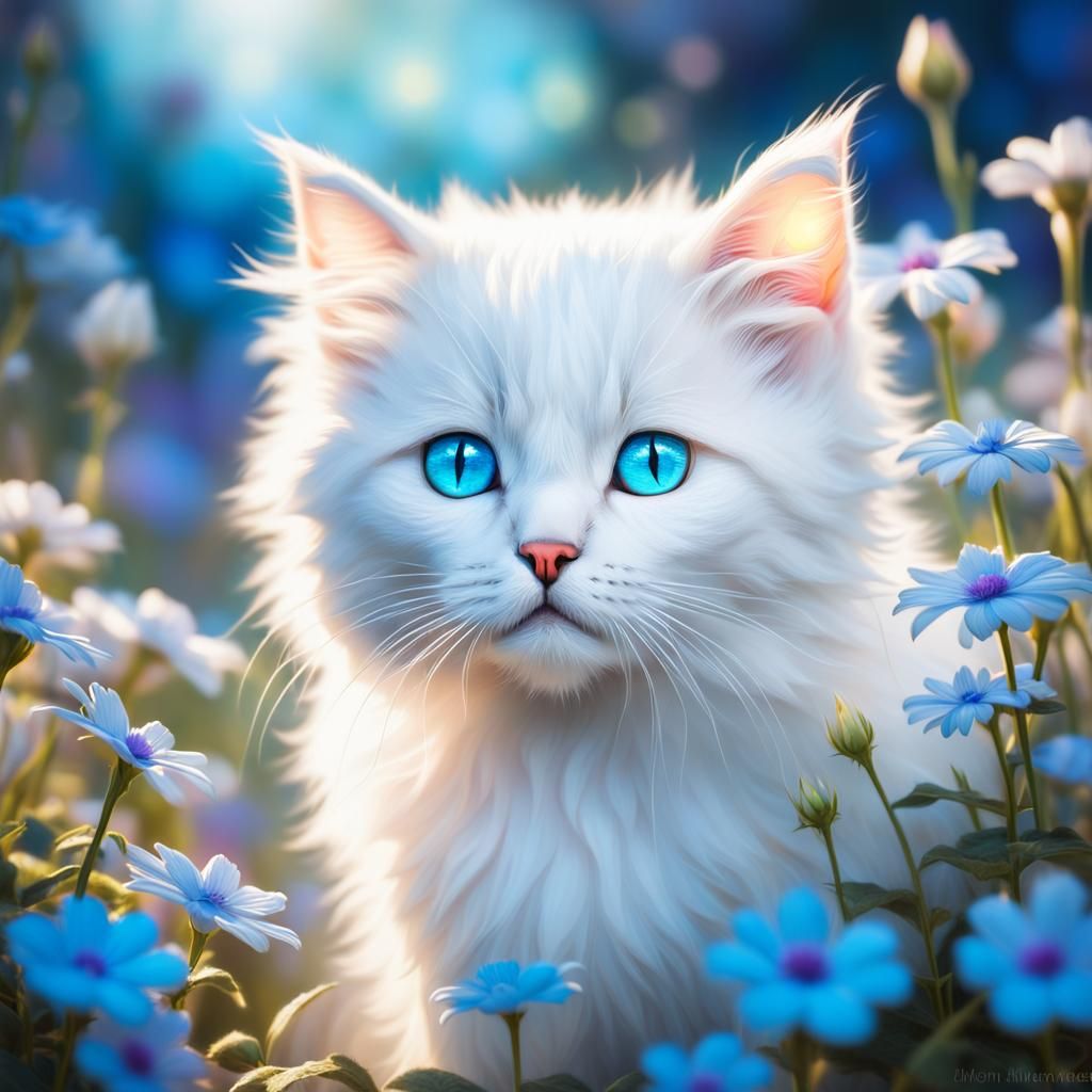 A cute, furry white kitten with mesmerizing blue eyes exploring a dreamlike, surreal landscape