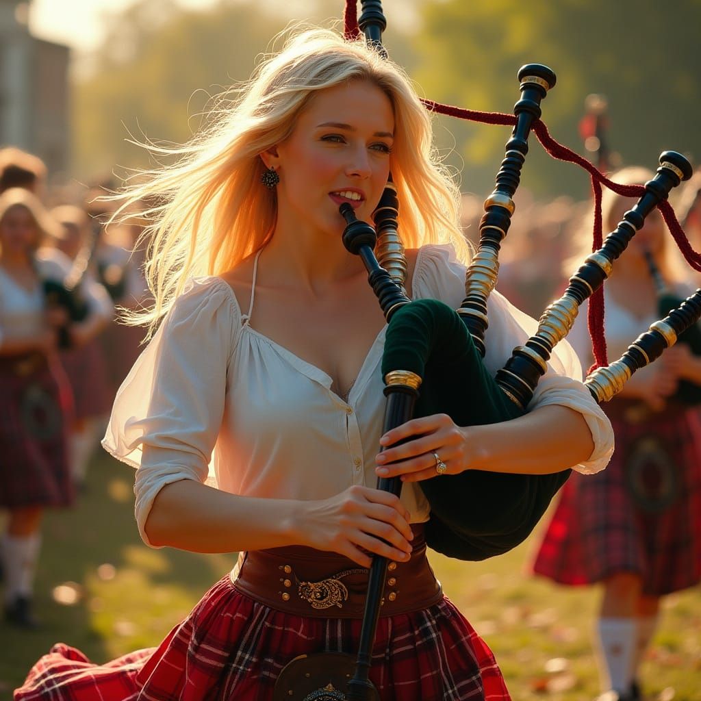 Woman Dancing Bagpipes in Golden Hour Oil Painting