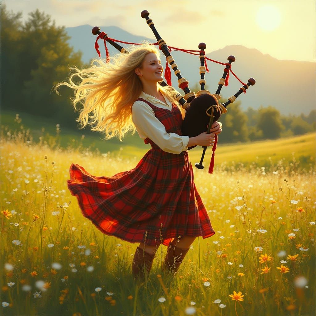 Joyful Bagpipe Dancer in Sunlit Scottish Highlands