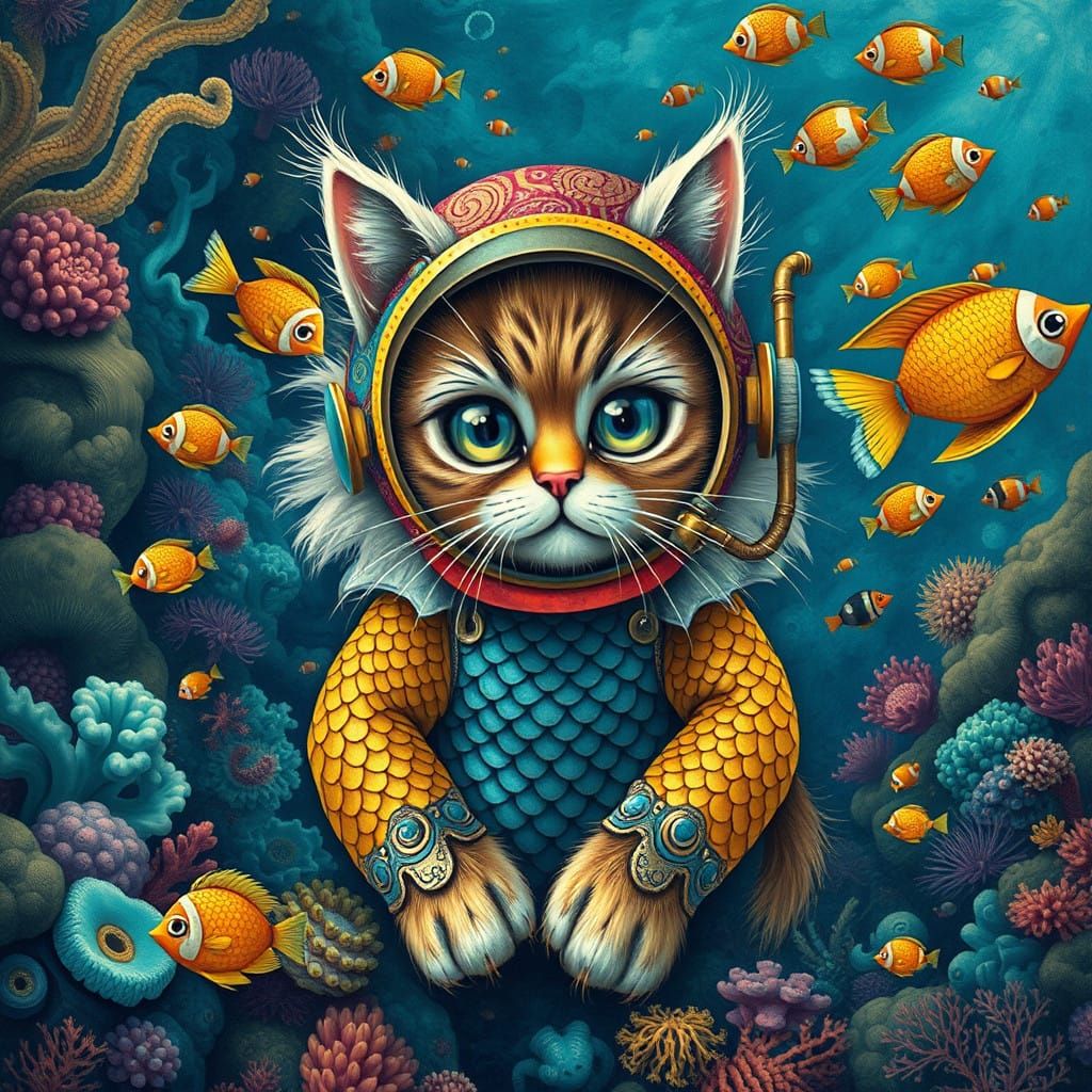 Whimsical Cat Explores Vibrant Ocean Wonderland