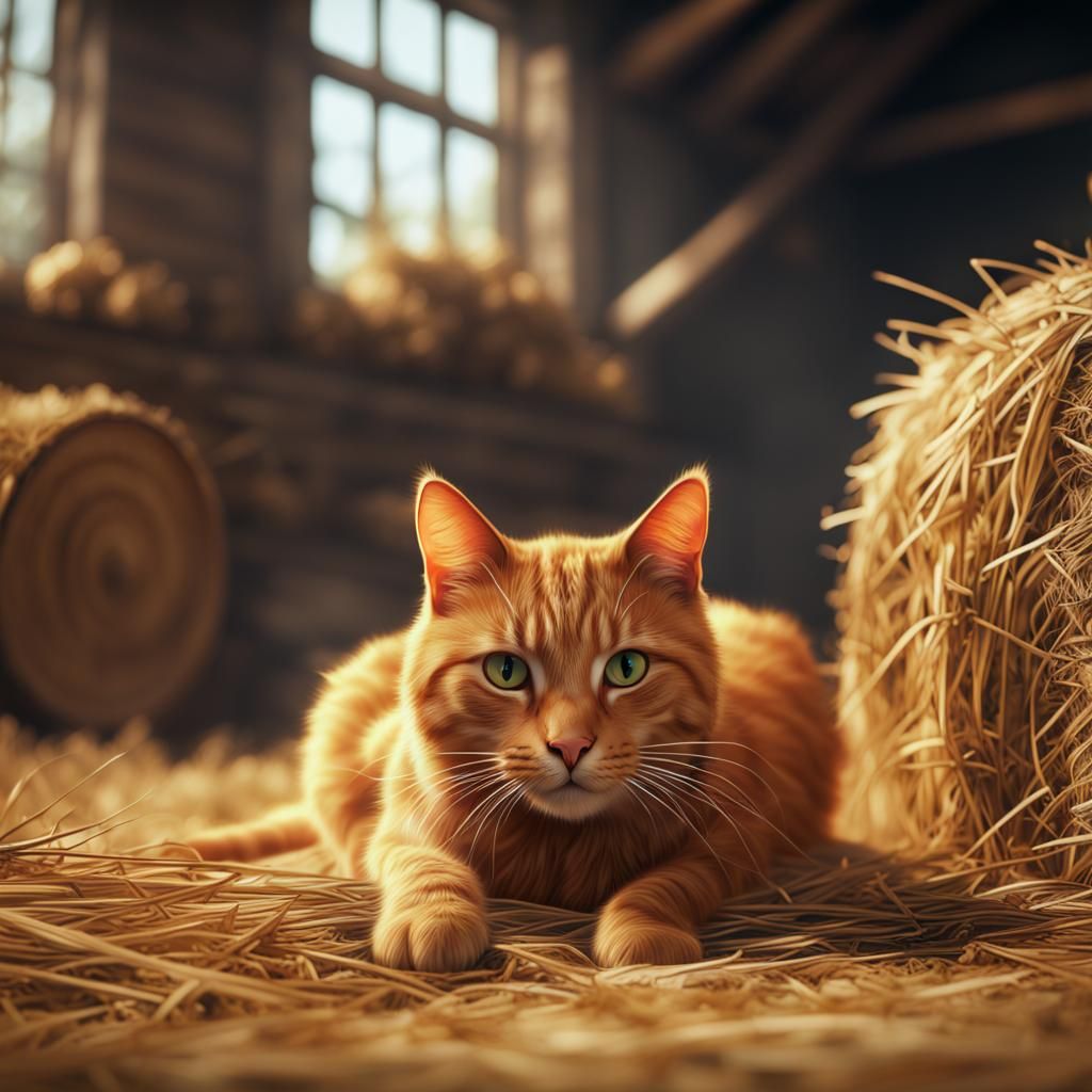 Ginger Cat on Hay: Detailed Digital Painting