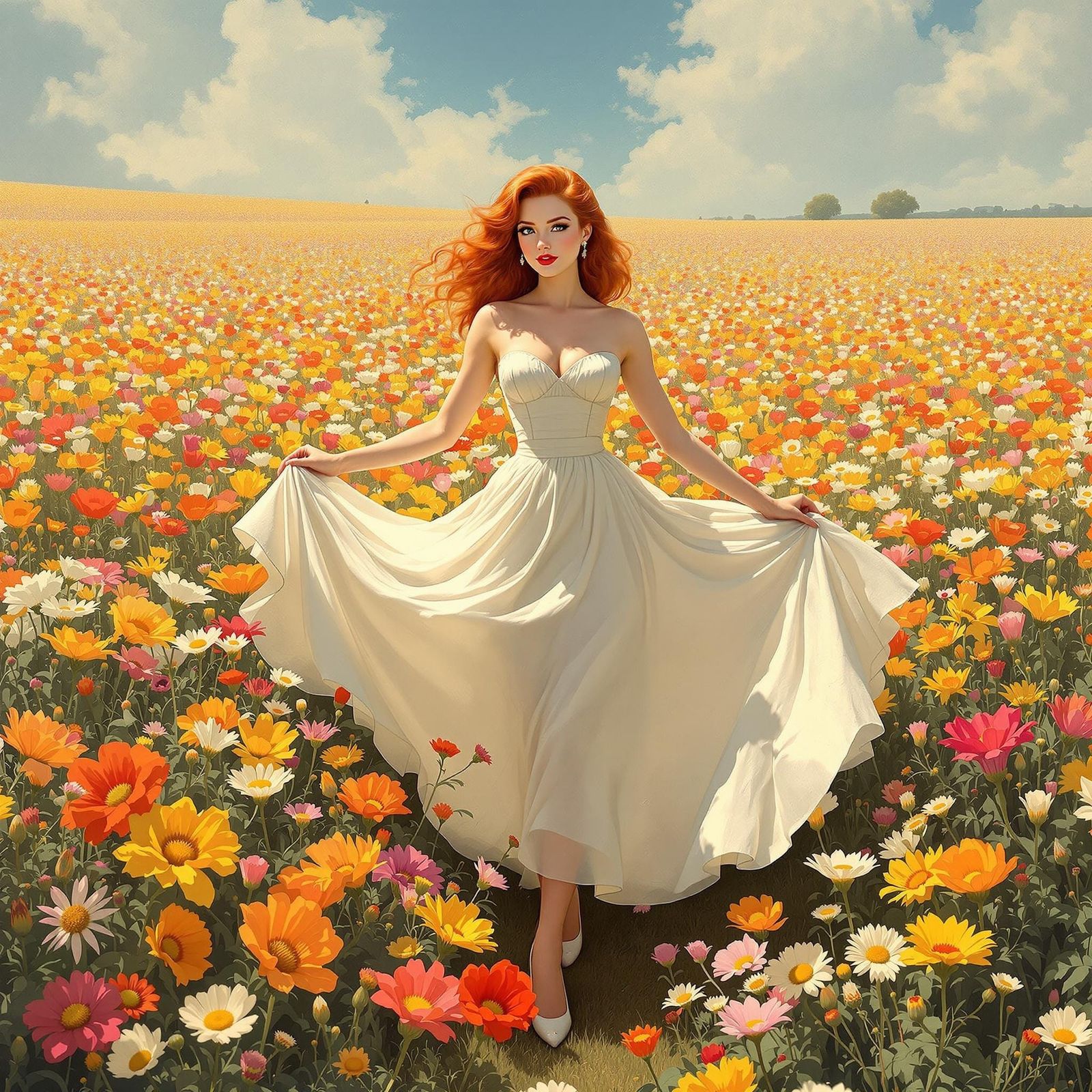 Retro Pin-Up Girl in Flower Field, Gil Elvgren Style