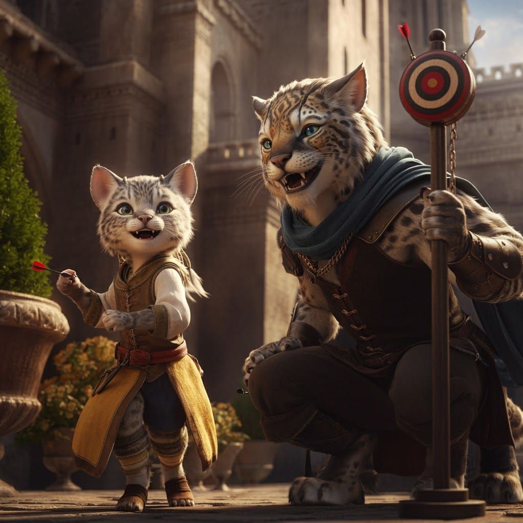 Joyful Tabaxi Dart Game in Palace Courtyard