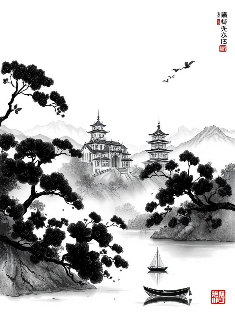 Vibrant Palace Amidst Black Blossoms in Misty Mountains