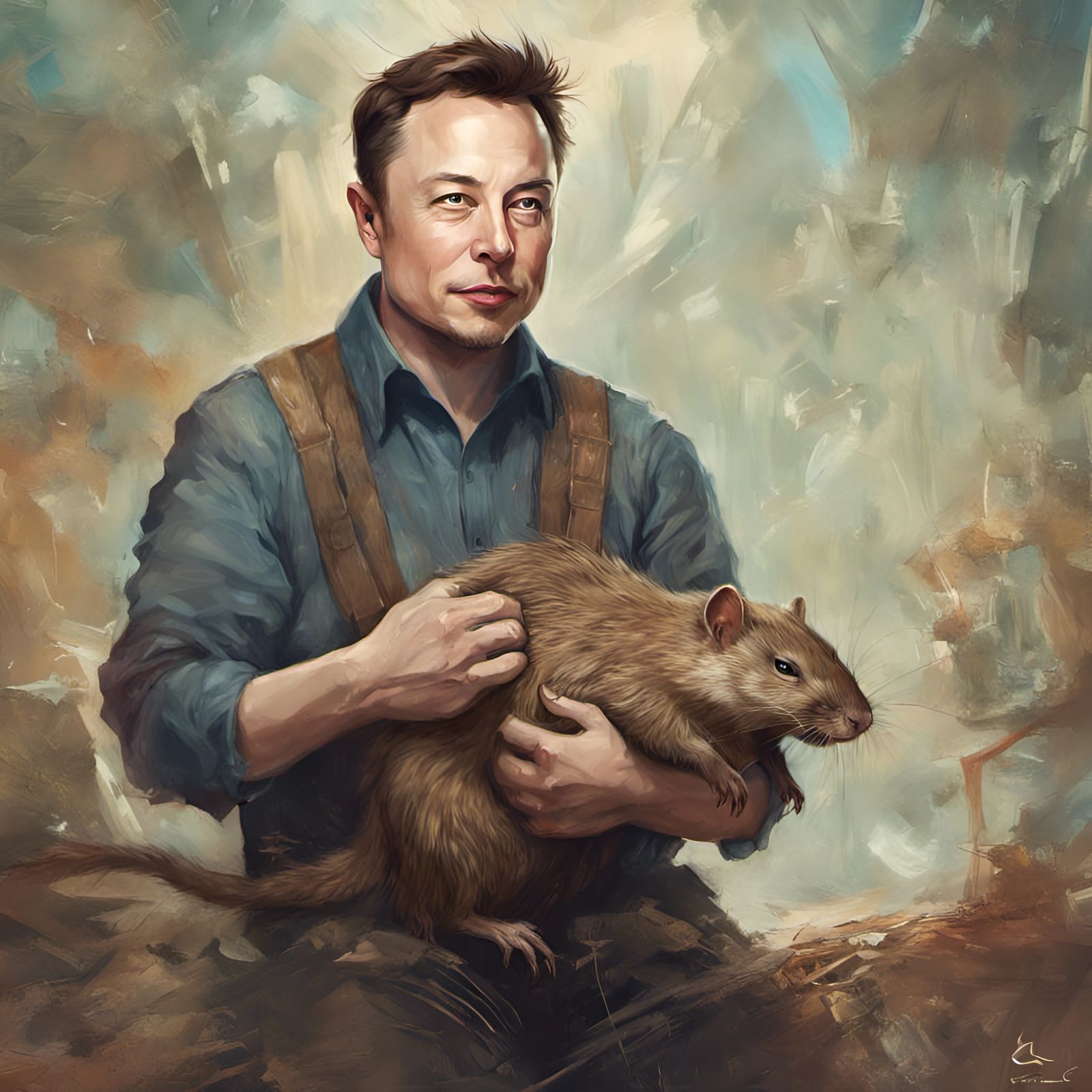 Elon Musk Holding Muskrat: Digital Art Portrait