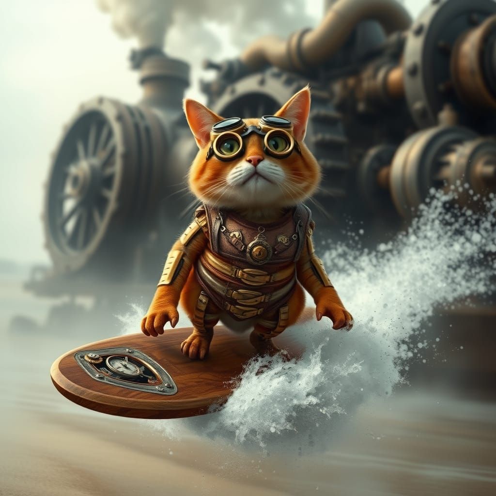 Gilded Cat Rides Industrial Surfboard Through Clockwork Beac...
