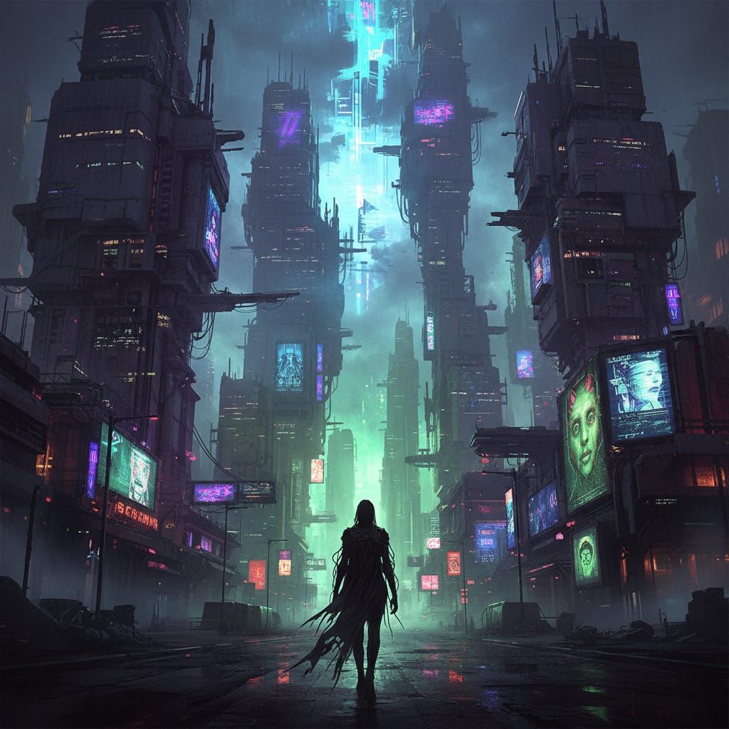 Dystopian Future Cityscape at Dusk in Cyberpunk Style