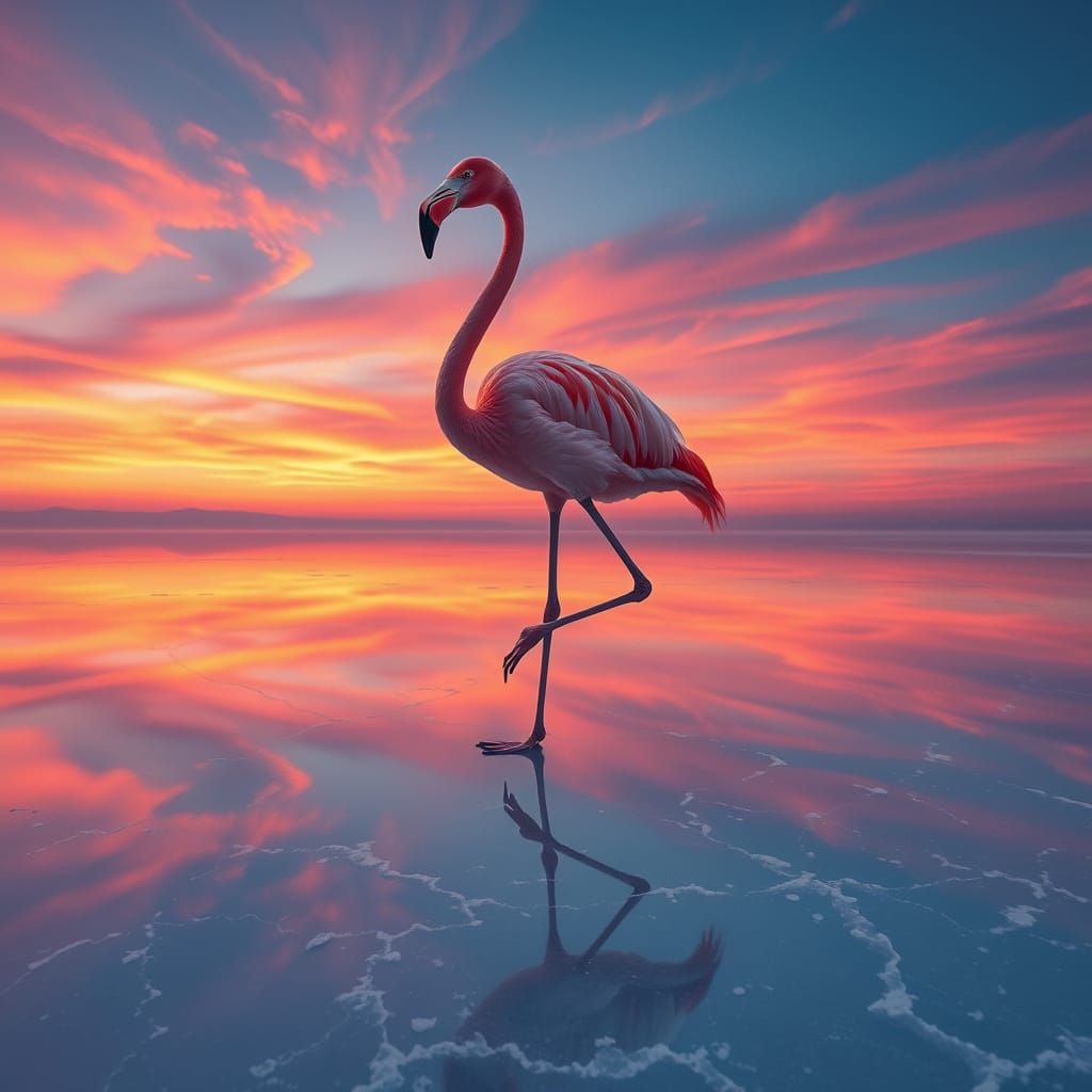 Majestic Flamingo at Sunset Over Salt Lake