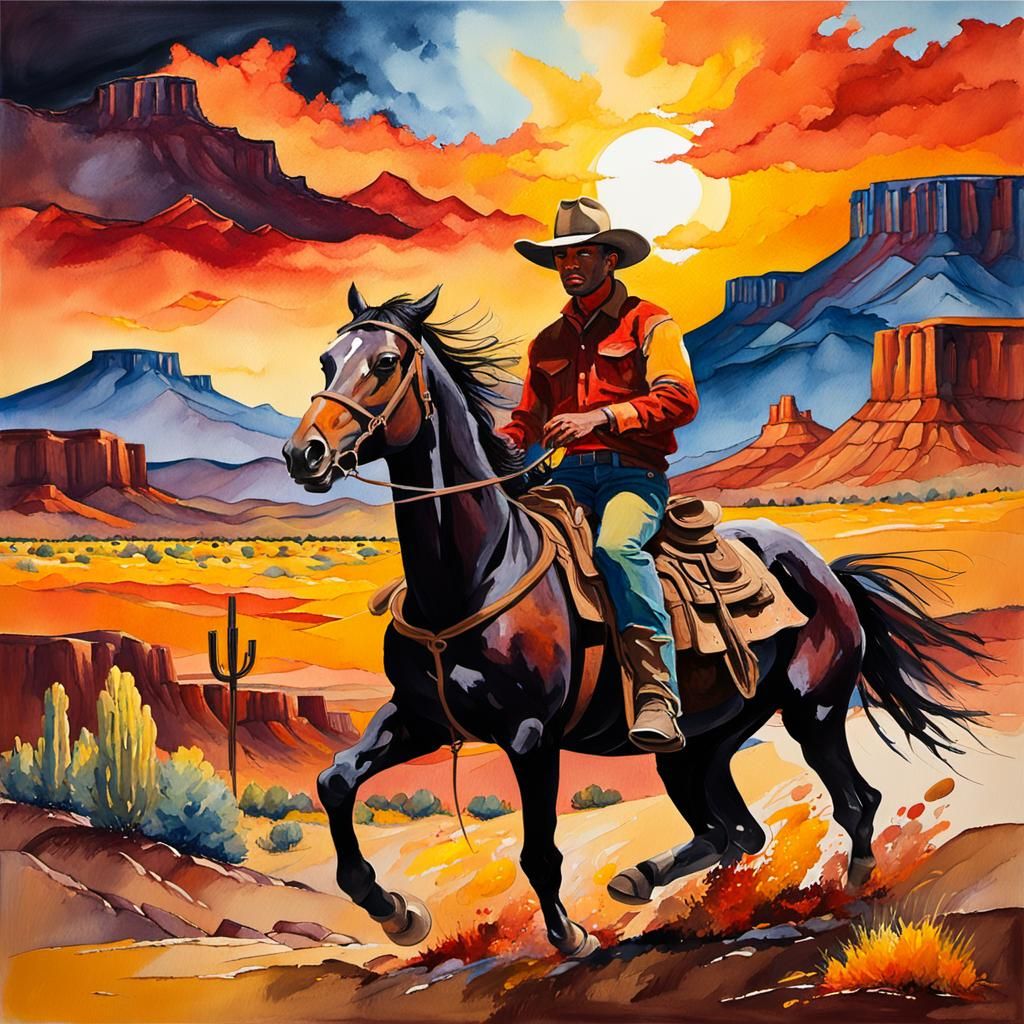 Cowboy on Mesa in Expressionist Watercolor