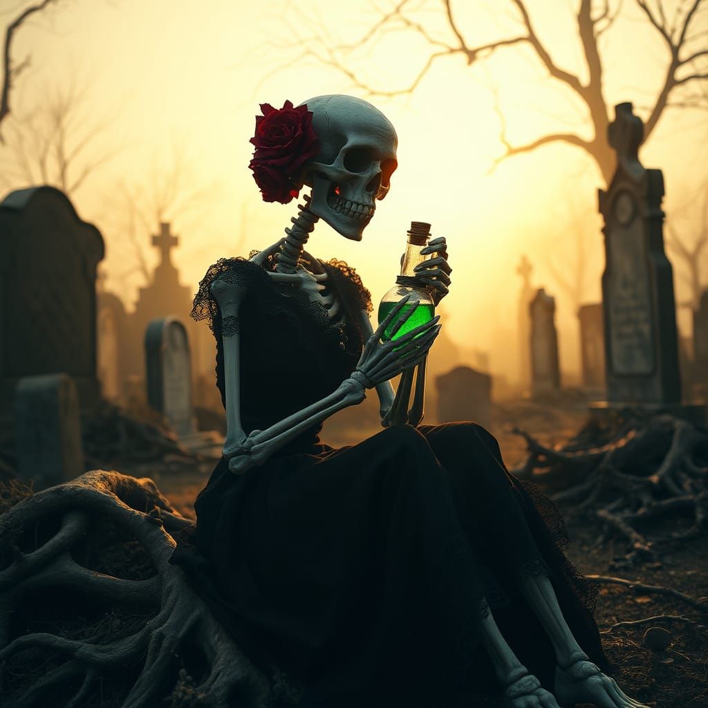 Victorian Skeleton Woman with Poison in Cemetery