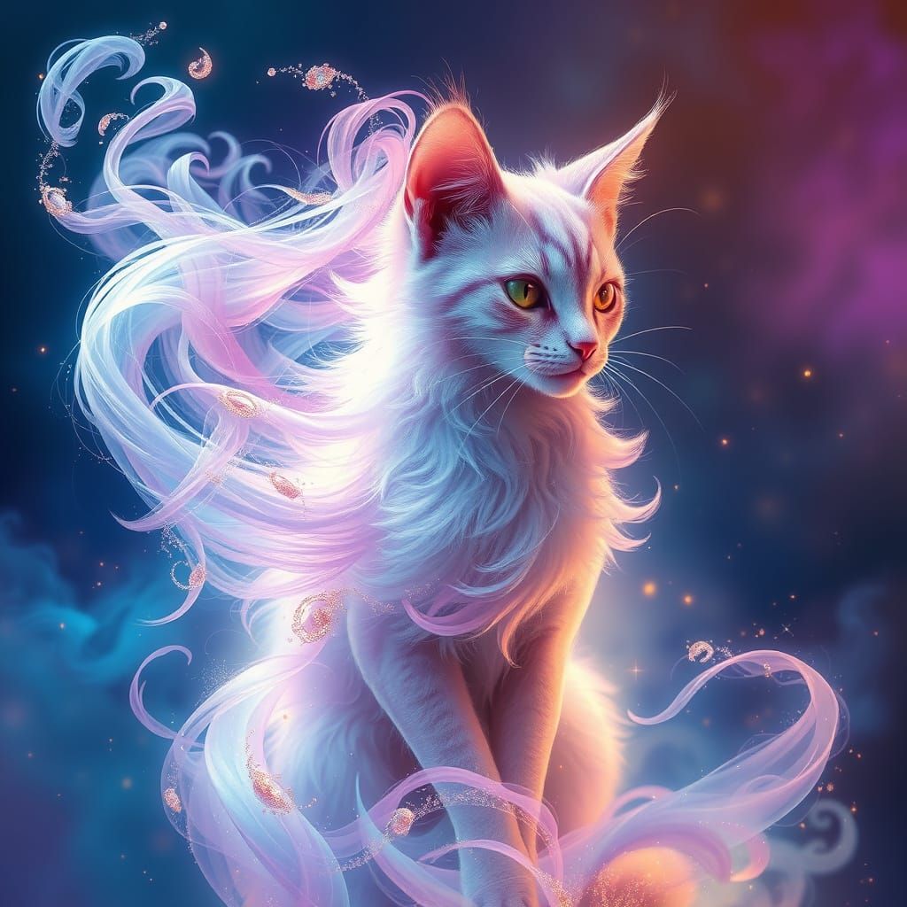 Ethereal Feline Spirit in Whimsical Dreamscape