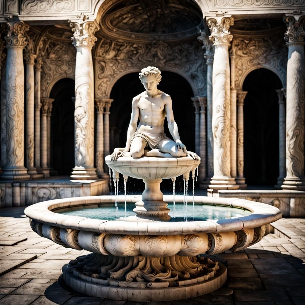 Ancient Marble Fountain with Human Figure, 8K