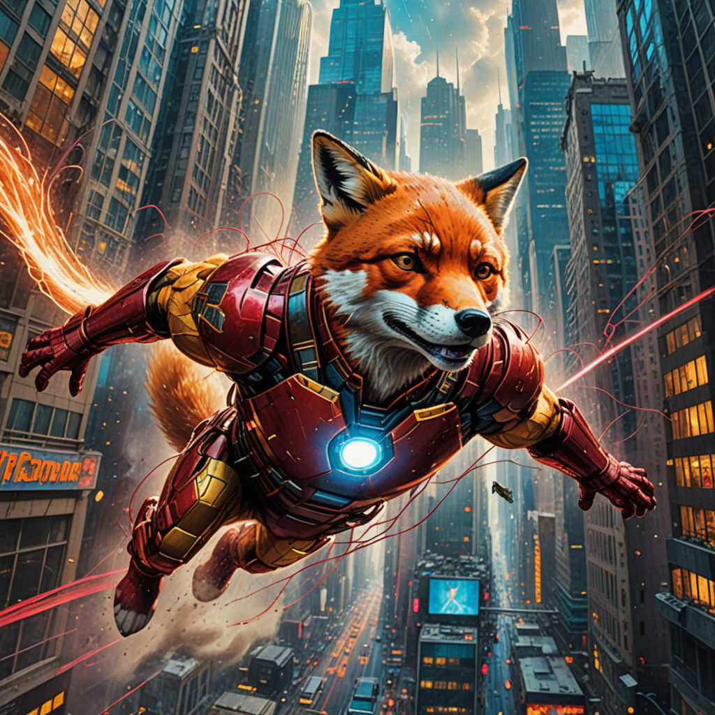 Iron Fox Soars Through a Vibrant Cityscape in a Cyberpunk Fa...