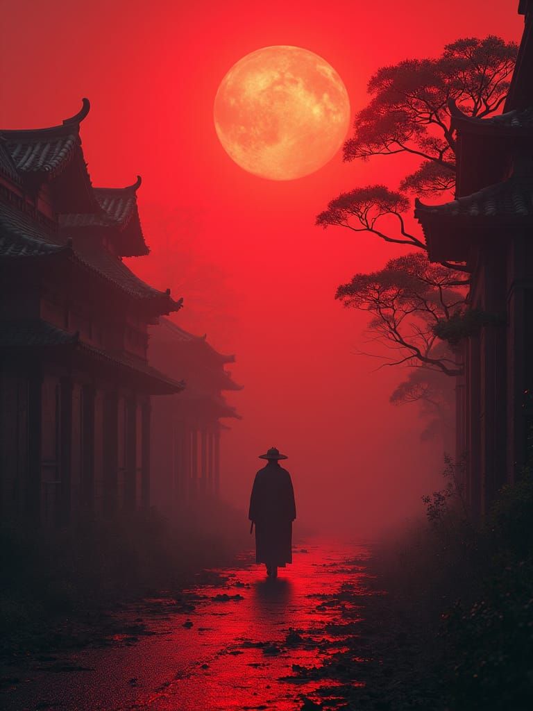 Dystopian Neon Landscape of Feudal Japan