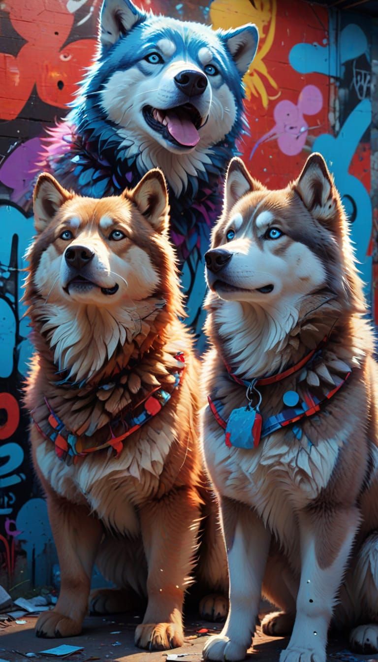 Anime Bear and Husky in Front of Graffiti Wall