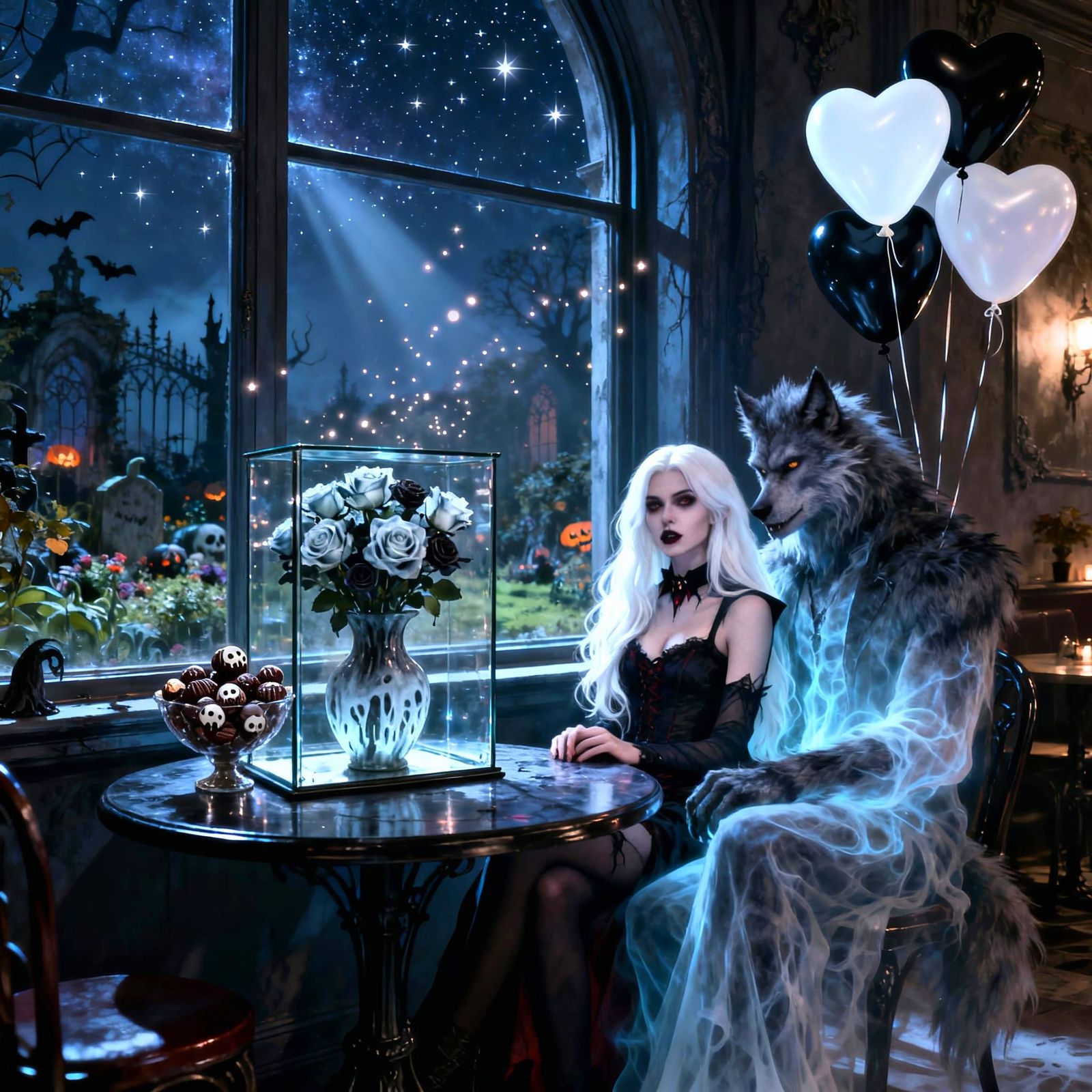 Haunted Valentines Day Cafe Scene with Vampires