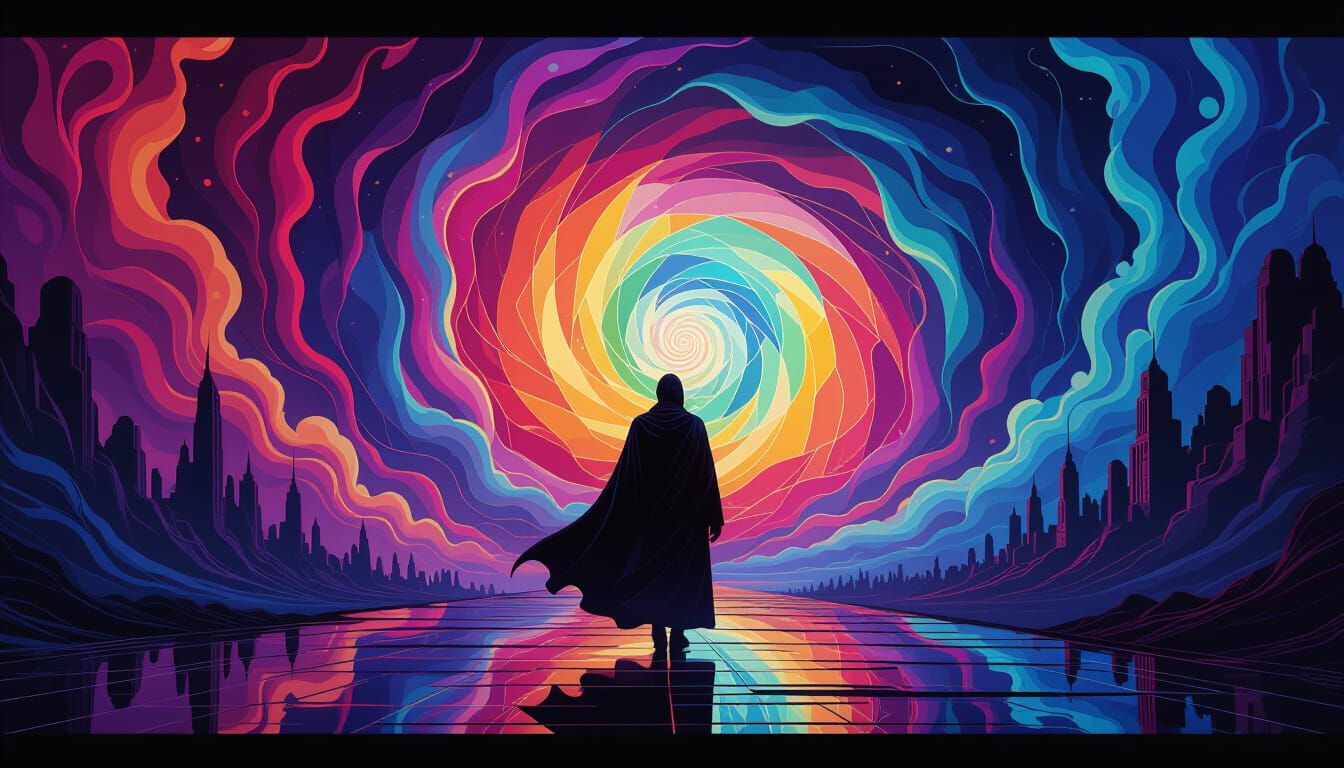 Mysterious Figure in Swirling, Dreamlike Landscape