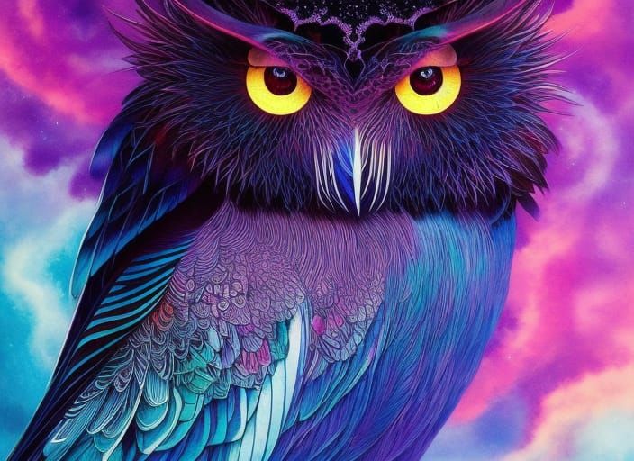 Other-worldly Owl in Dark Fantasy Inkpunk Style