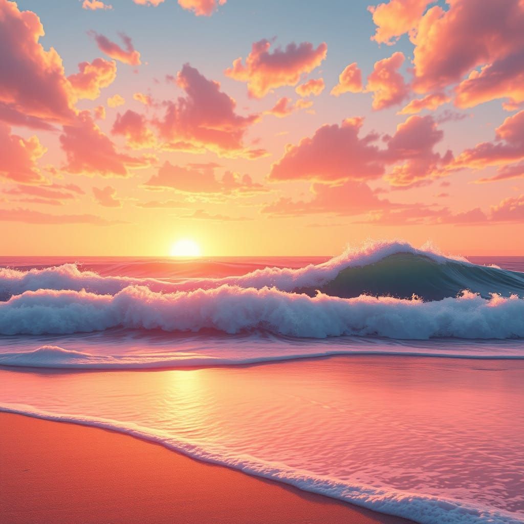 Dreamy Sunset Beach with Majestic Swirling Waves