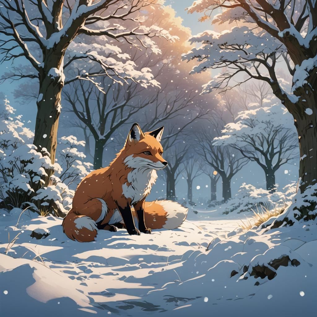 Cute Anime Fox in Snow: Studio Ghibli Style
