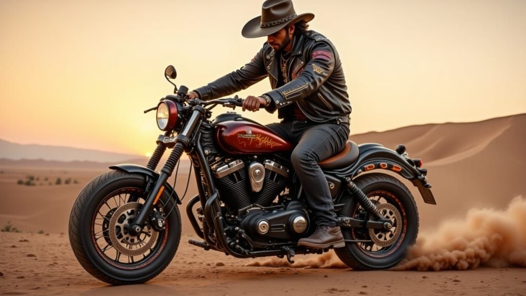 Cowboy Rat Rides Steampunk Motorcycle in Cyberpunk Style