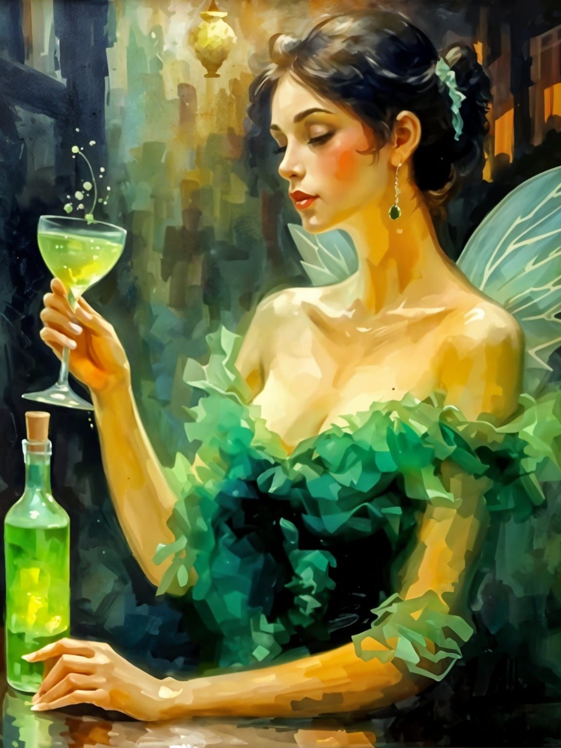 Whimsical Impressionist Fairy with a Green Glow