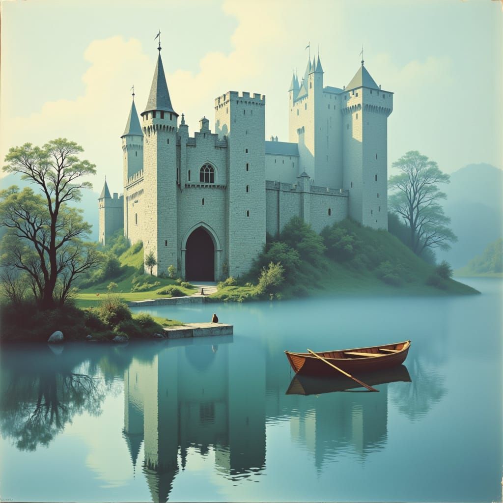 Vintage 1970s Medieval Castle on Misty Lake