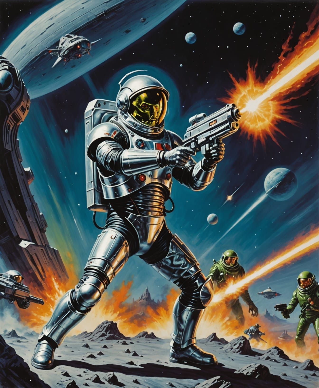 Retro Sci-Fi Hero Battles Alien Invader