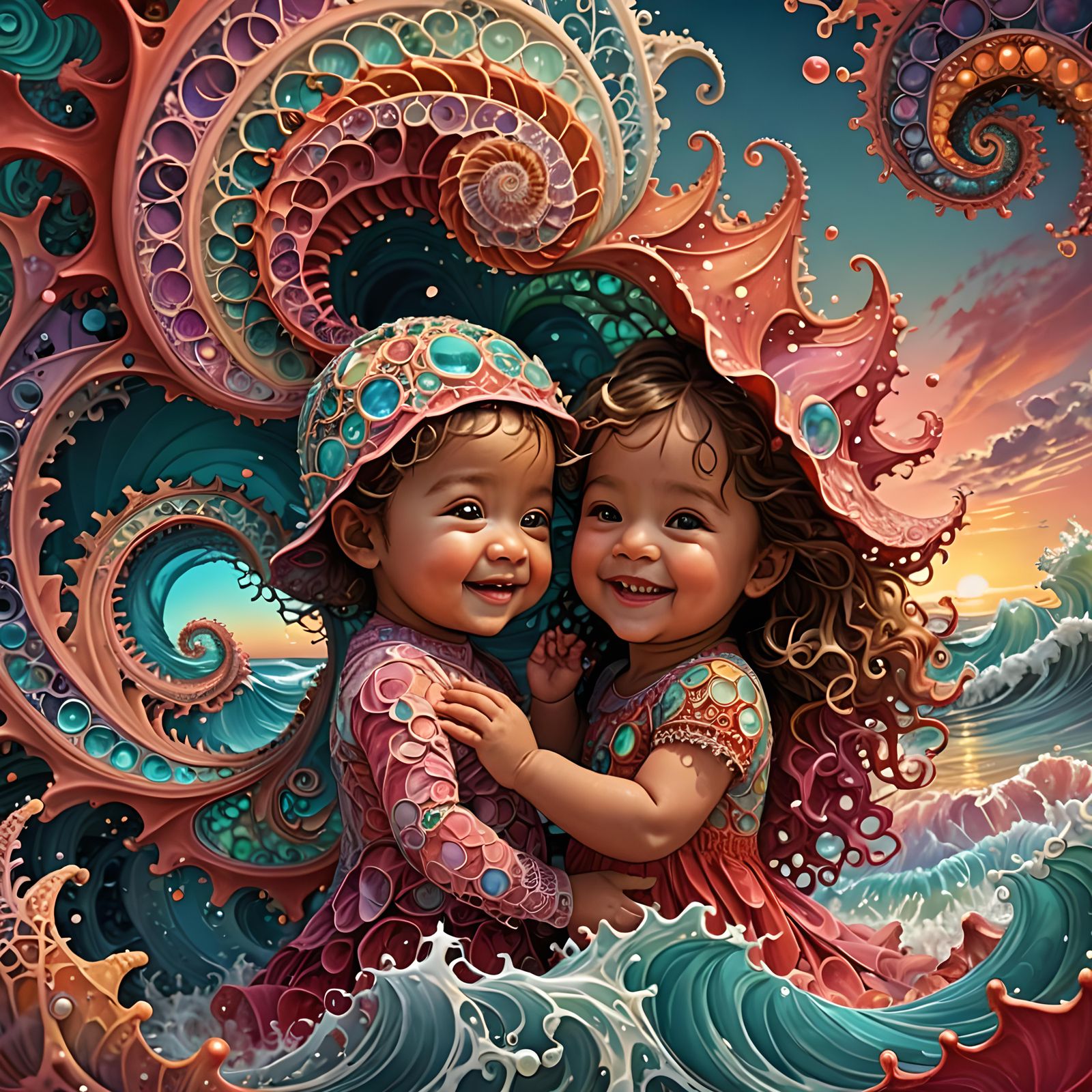 Ocean Waves Fractal Dance: Klimt-Inspired Sunset