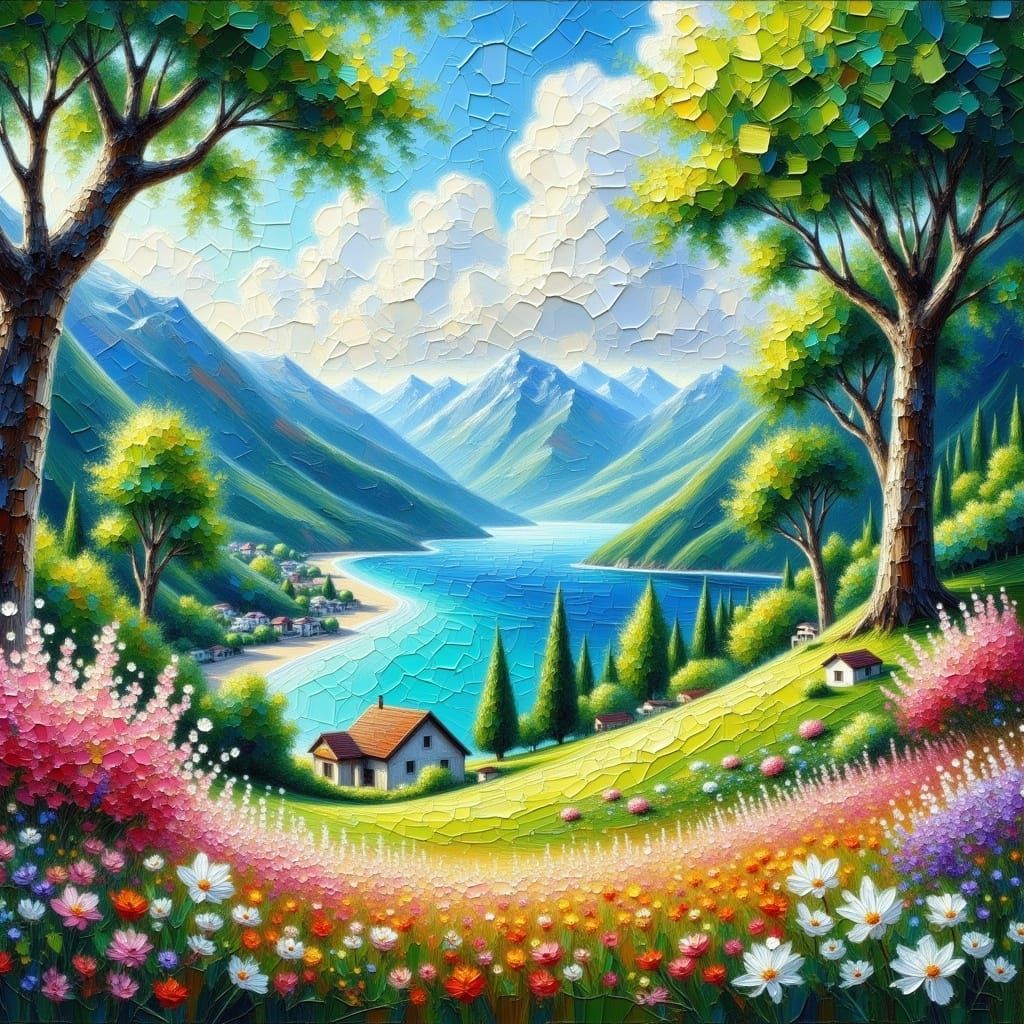 Sun-Drenched Austrian Valley in Impasto Style