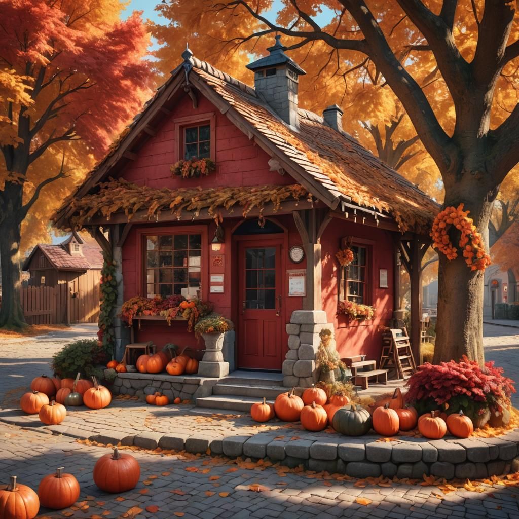 Autumn Village Post Office in Golden Sunlight