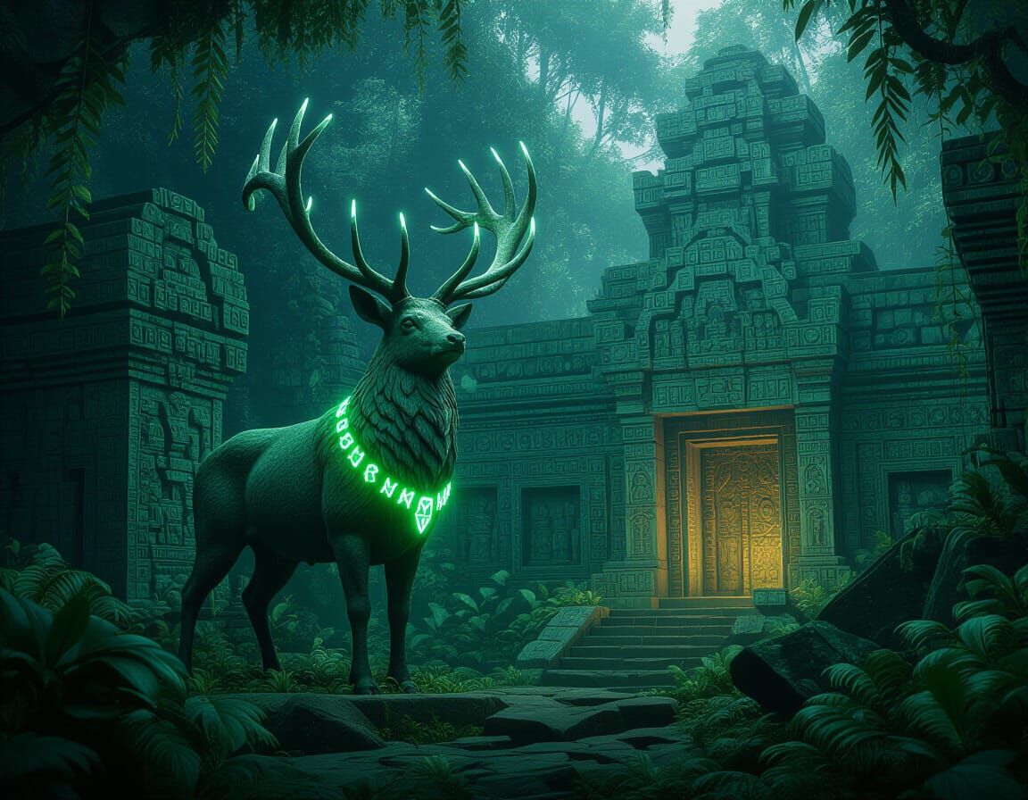Stone Stag Guards Jungle Temple with Glowing Runes