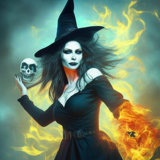 Witch Conjuring Flaming Skulls in Splash Art Style