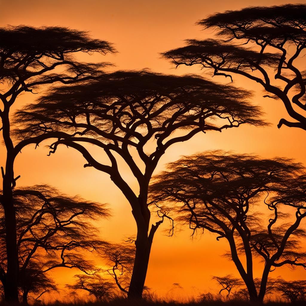 Serengeti Sunset: Acacia Silhouettes in Golden Light