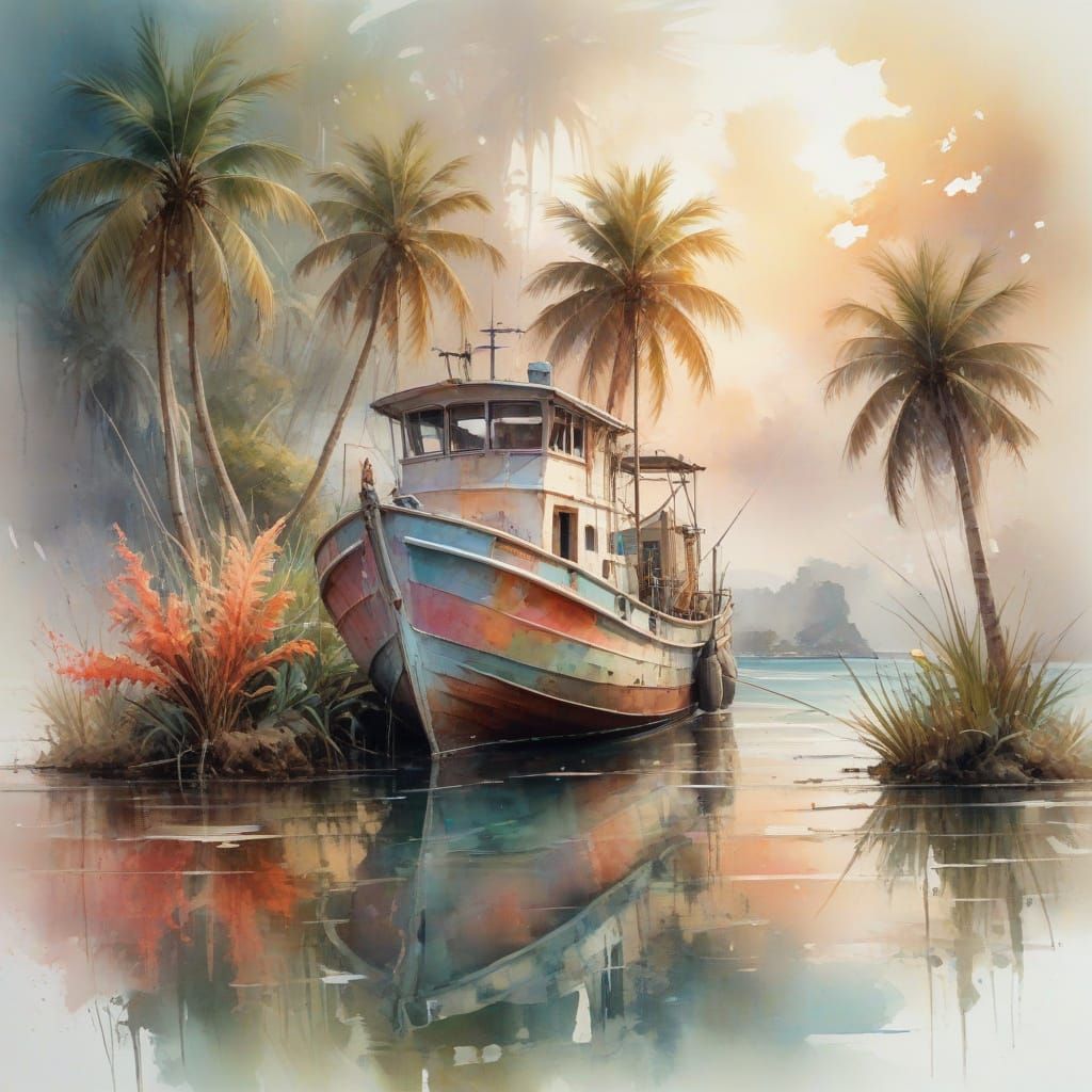 Tropical Lagoon Fishing Boat in Watercolour Style