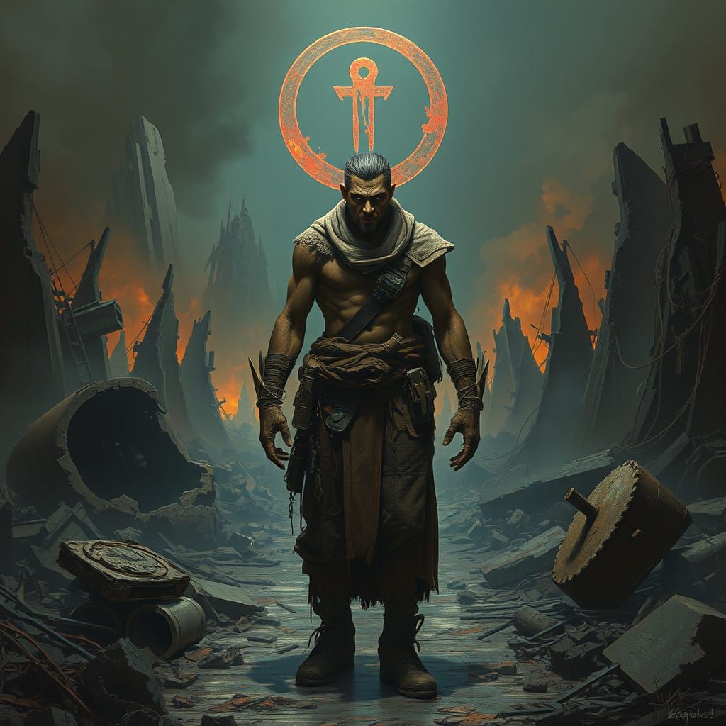 Dystopian Figure in Shattered Cyberpunk Landscape