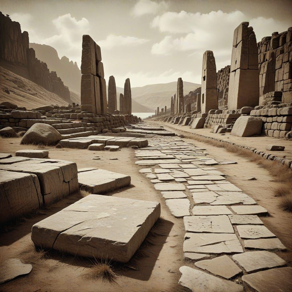 Ancient City Ruins with Monoliths in Paper Effect Style